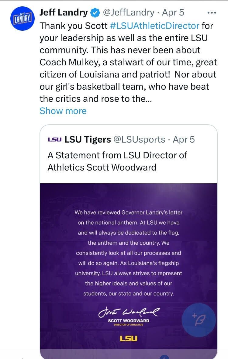 Gov. Jeff Landry social media post about LSU, national anthem (copy)
